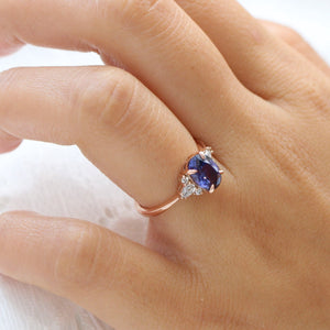 2.54 Ct Large Bluish Purple Sapphire Ring in 14k Rose Gold 3 Stone Diamond Ring, Size 6.25