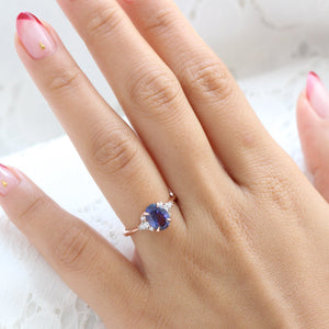 2.54 Ct Large Bluish Purple Sapphire Ring in 14k Rose Gold 3 Stone Diamond Ring, Size 6.25