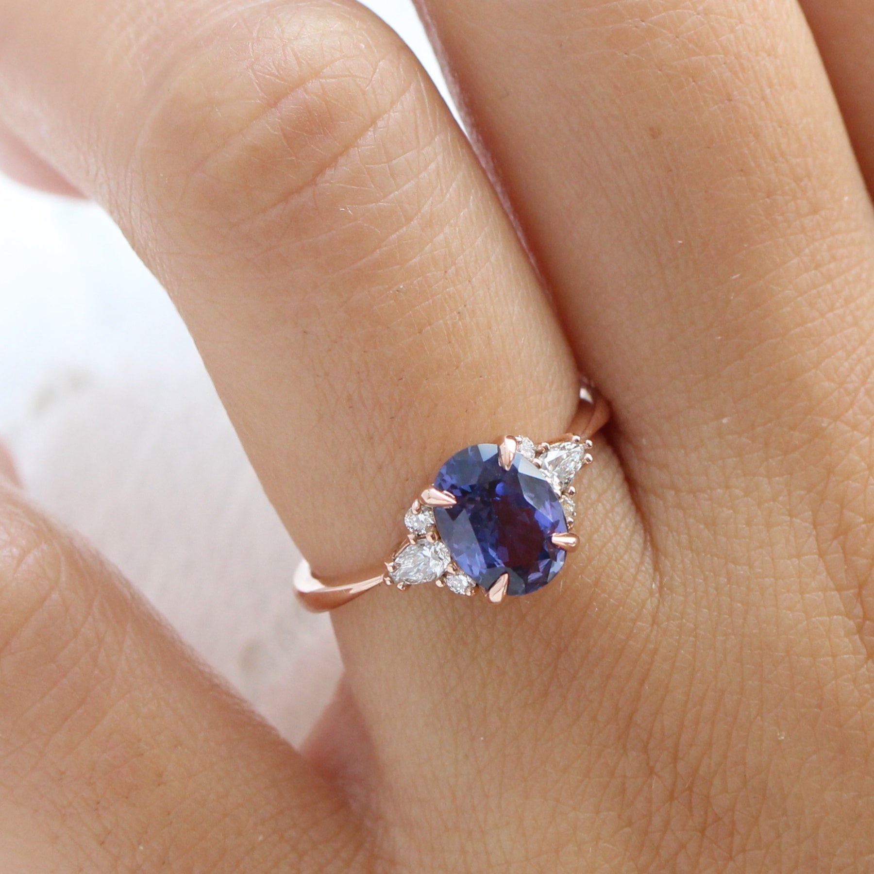 2.54 Ct Large Bluish Purple Sapphire Ring in 14k Rose Gold 3 Stone Diamond Ring, Size 6.25