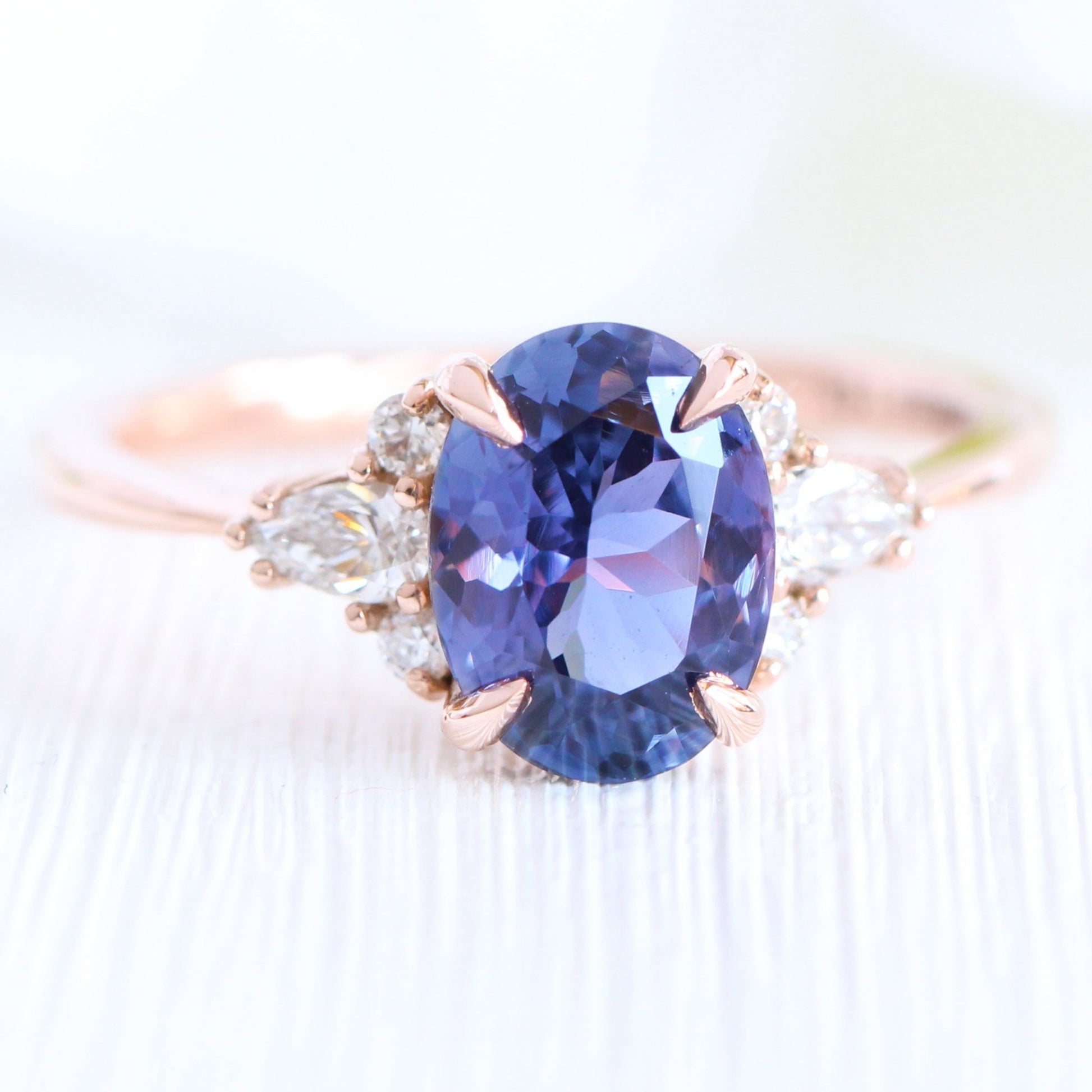 2.54 Ct Large Bluish Purple Sapphire Ring in 14k Rose Gold 3 Stone Diamond Ring, Size 6.25