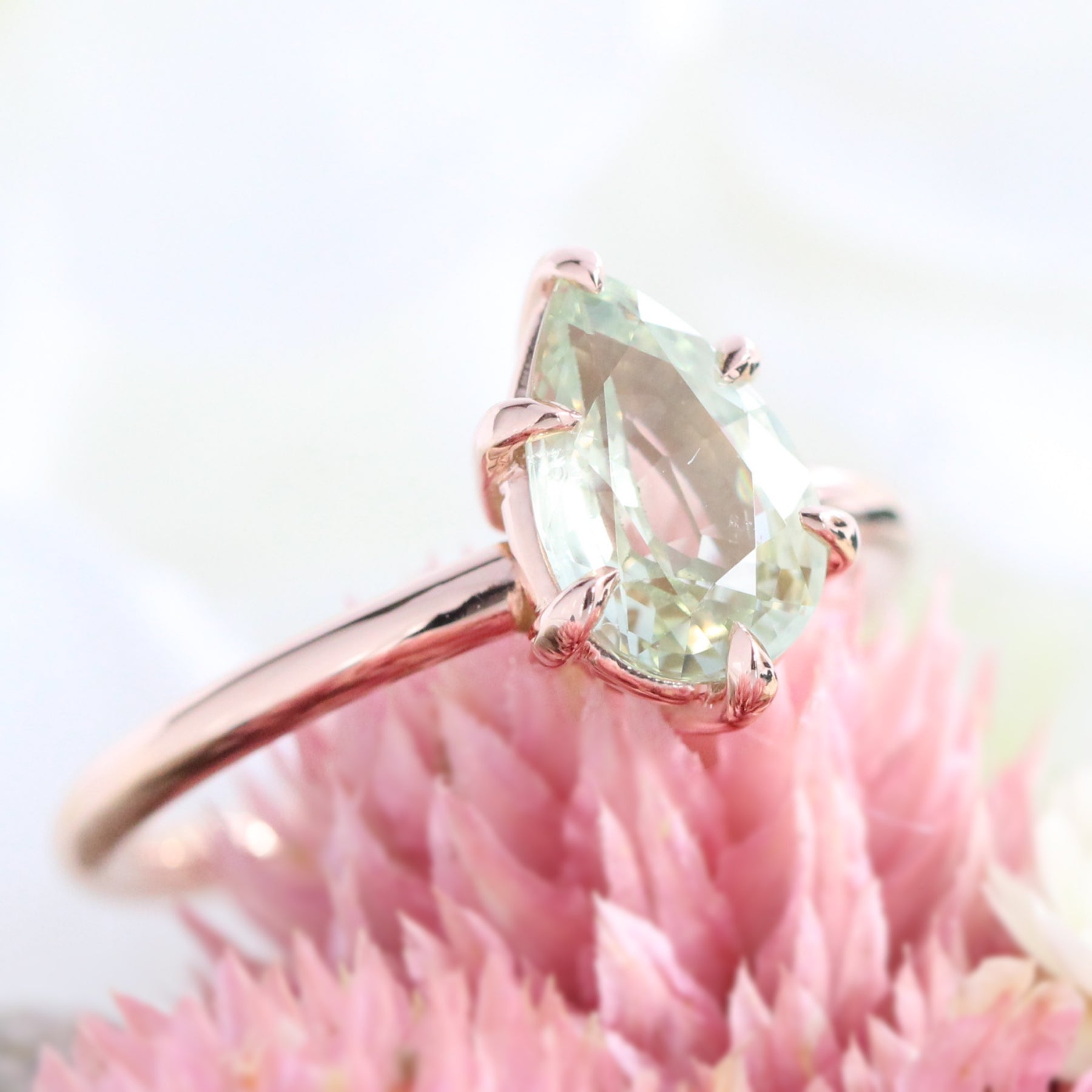 1.90 Ct Pear Sea Foam Green Sapphire Ring in 14k Rose Gold Low Profile Solitaire Ring, Size 6.25