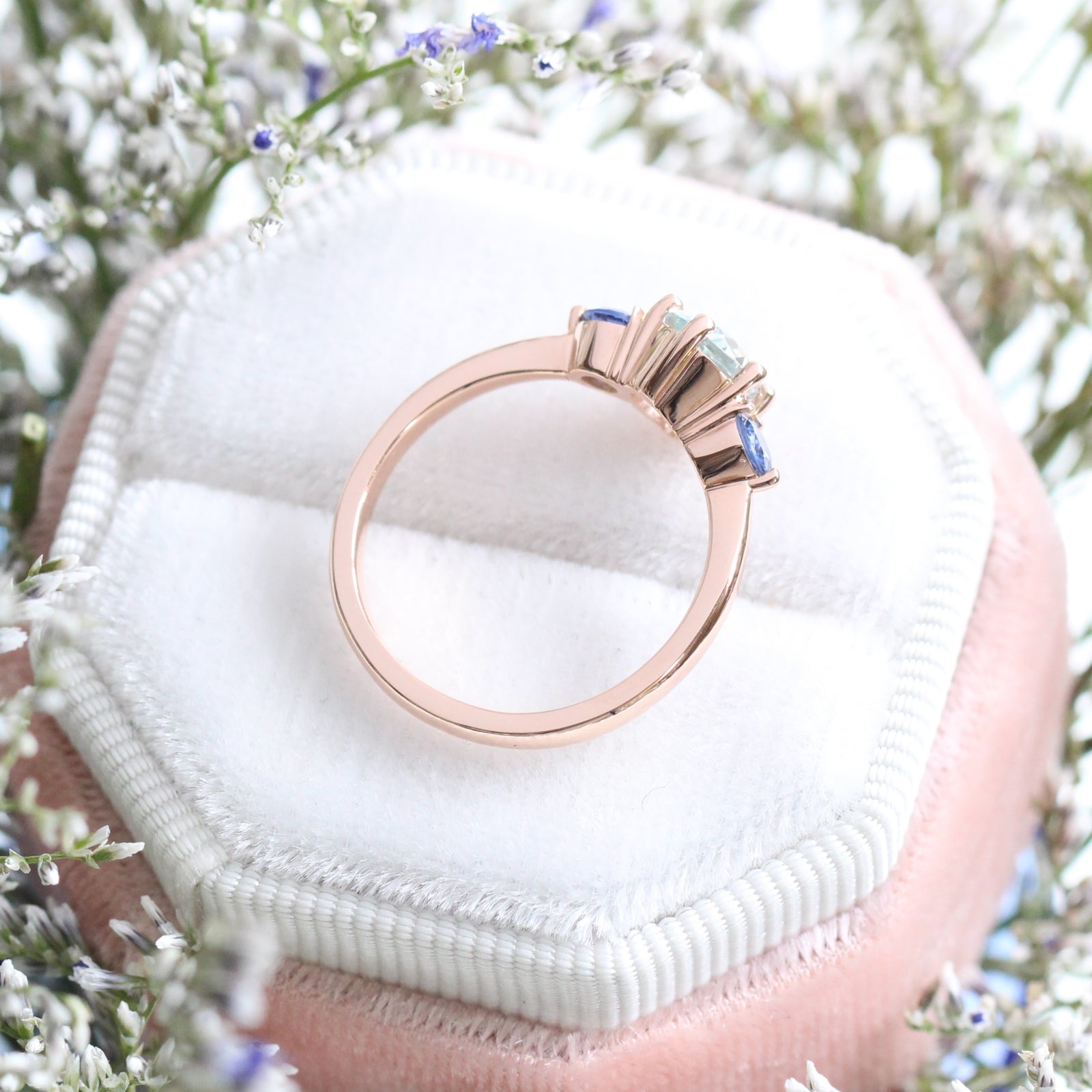 Pear Aqua Blue Sapphire Engagement Ring in 14k Rose Gold 3 Stone Ring, Size 6.25
