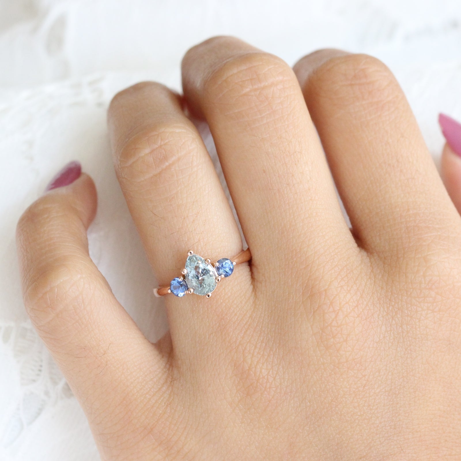 Pear Aqua Blue Sapphire Engagement Ring in 14k Rose Gold 3 Stone Ring, Size 6.25