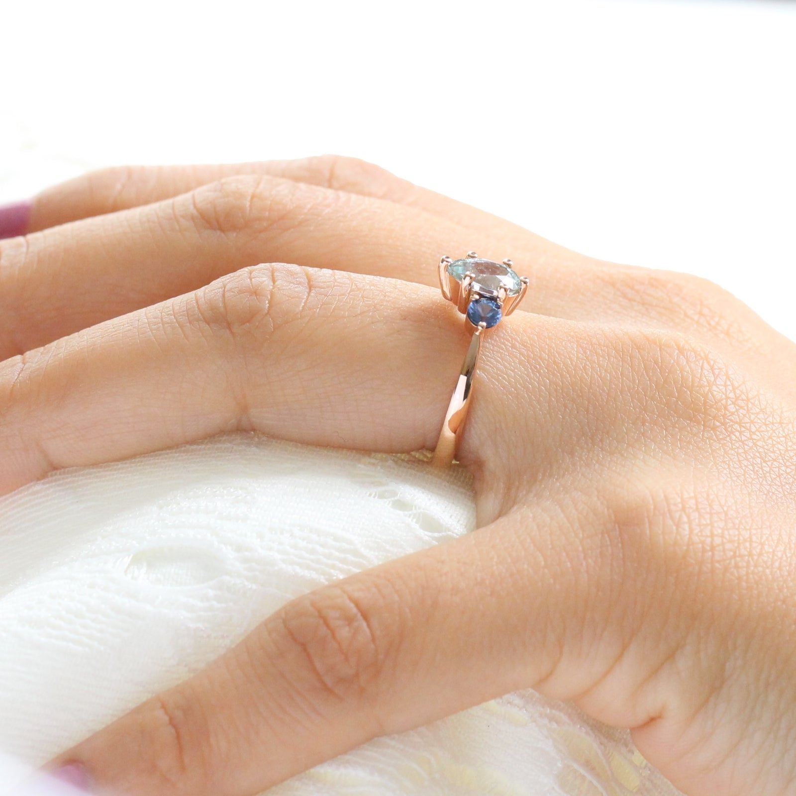 Pear Aqua Blue Sapphire Engagement Ring in 14k Rose Gold 3 Stone Ring, Size 6.25