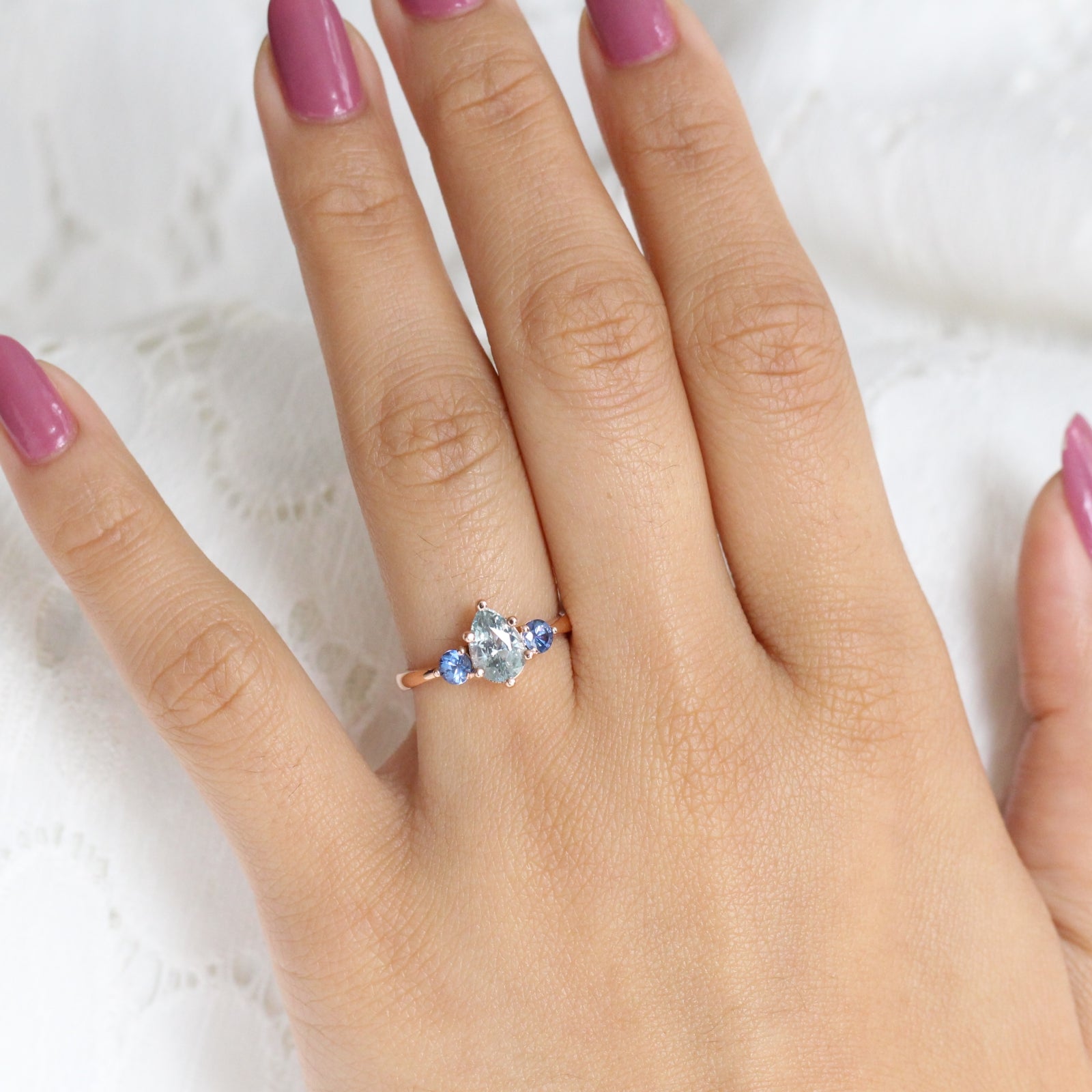 Pear Aqua Blue Sapphire Engagement Ring in 14k Rose Gold 3 Stone Ring, Size 6.25