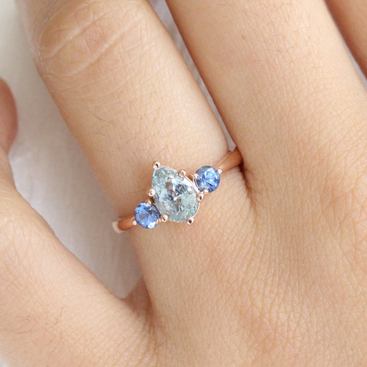 Pear Aqua Blue Sapphire Engagement Ring in 14k Rose Gold 3 Stone Ring, Size 6.25