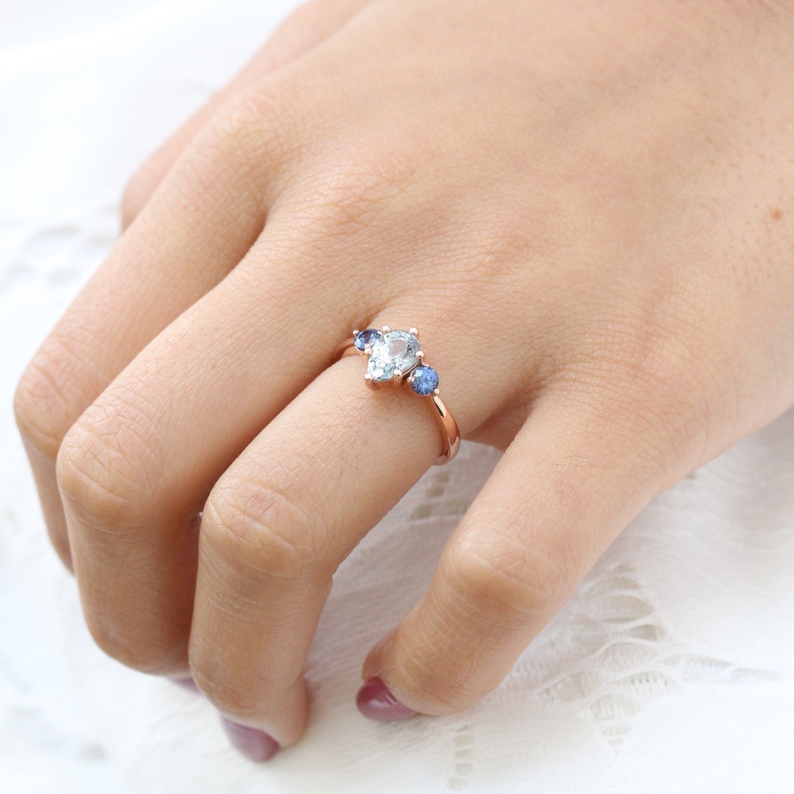 Pear Aqua Blue Sapphire Engagement Ring in 14k Rose Gold 3 Stone Ring, Size 6.25