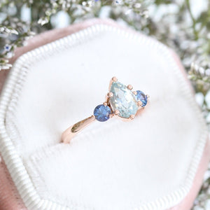 Pear Aqua Blue Sapphire Engagement Ring in 14k Rose Gold 3 Stone Ring, Size 6.25