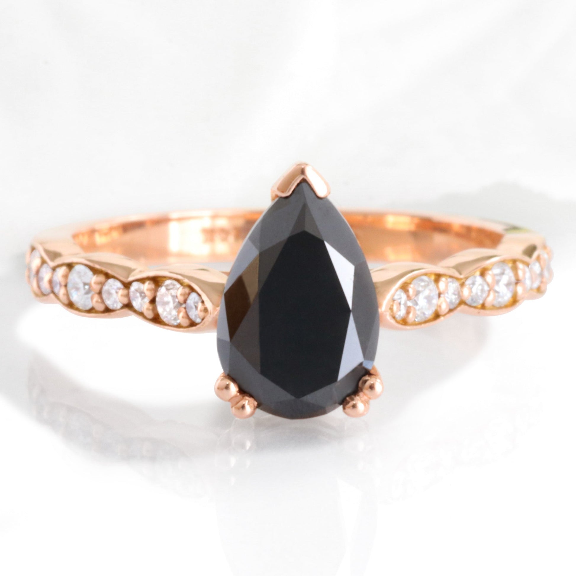 Pear Black Diamond Ring in 14k Rose Gold Grace Solitaire Band, Size 6.25