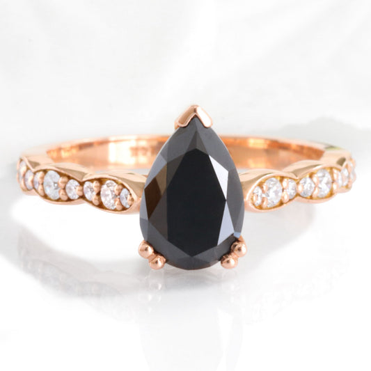 Pear Black Diamond Ring in 14k Rose Gold Grace Solitaire Band, Size 6.25
