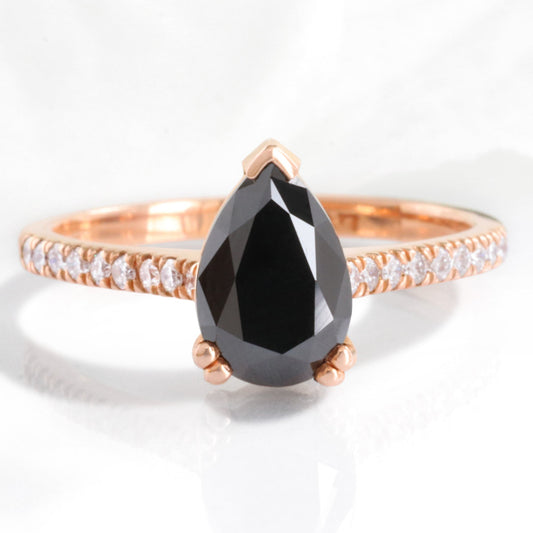 Pear Black Diamond Ring in 14k Rose Gold Grace Solitaire Pave Band, Size 6.25