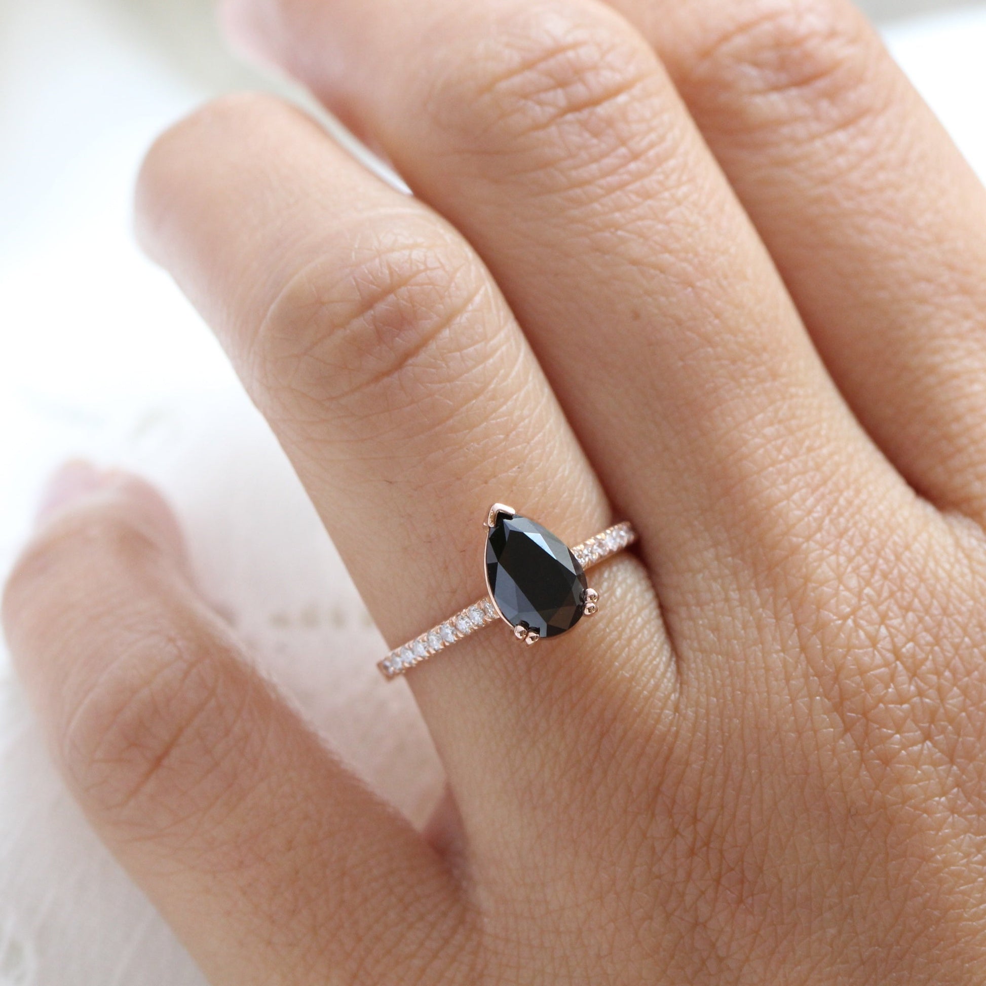 Pear Black Diamond Ring in 14k Rose Gold Grace Solitaire Pave Band, Size 6.25