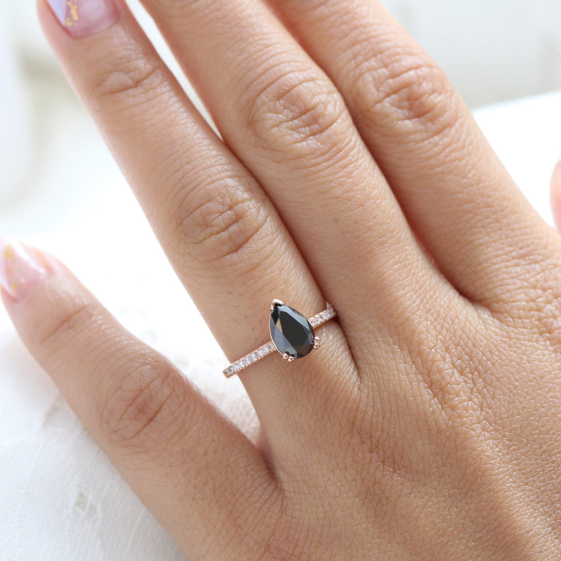 Pear Black Diamond Ring in 14k Rose Gold Grace Solitaire Pave Band, Size 6.25