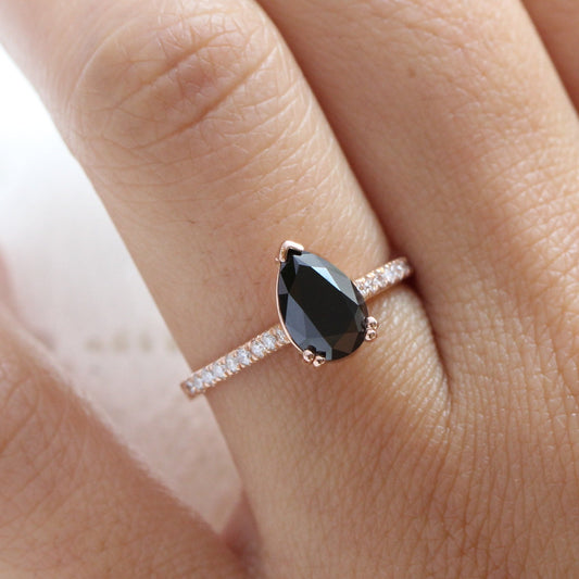 Pear Black Diamond Ring in 14k Rose Gold Grace Solitaire Pave Band, Size 6.25