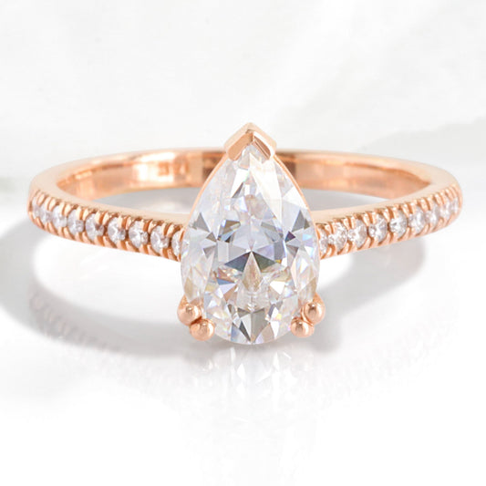 Pear Moissanite Solitaire Ring in 14k Rose Gold Pave Diamond Band, Size 6.25