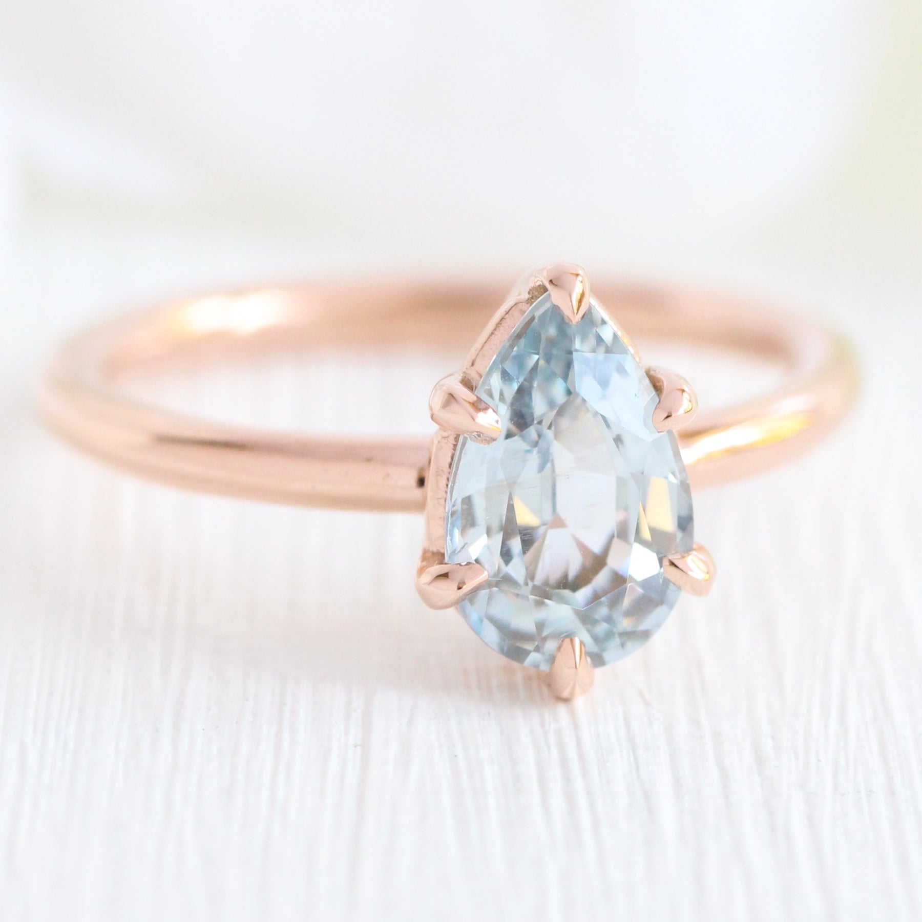 1.66 Ct Pear Aqua  Ring in 14k Rose Gold Low Profile Solitaire Ring, Size 6