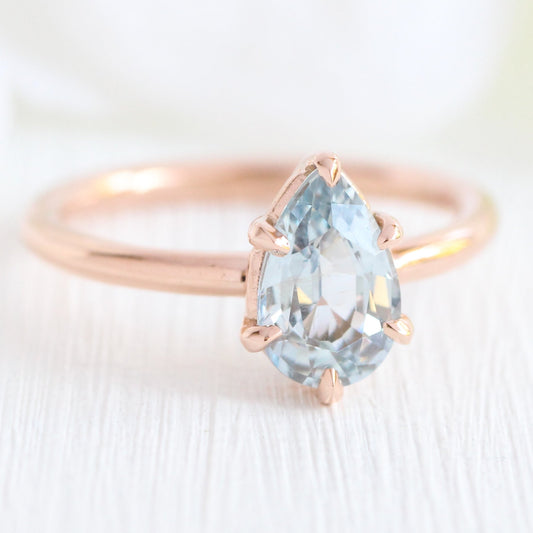 1.66 Ct Pear Aqua  Ring in 14k Rose Gold Low Profile Solitaire Ring, Size 6