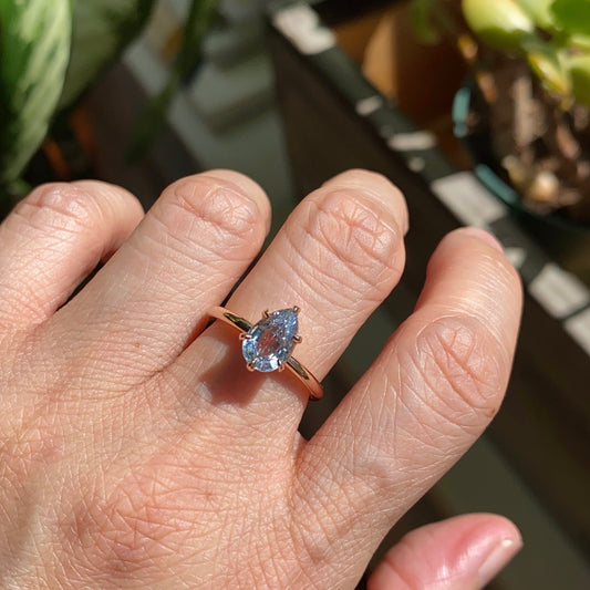 1.66 Ct Pear Aqua  Ring in 14k Rose Gold Low Profile Solitaire Ring, Size 6