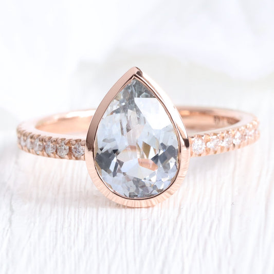 2.26 Ct Pastel Aqua Blue Sapphire Ring in 14k Rose Gold Bezel Pave Diamond, Size 6.25