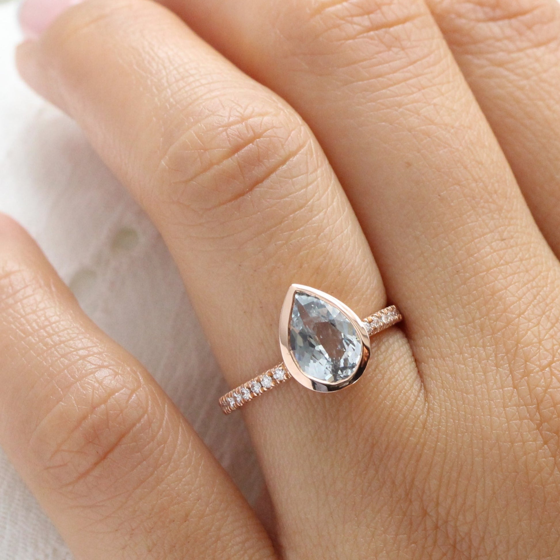 2.26 Ct Pastel Aqua Blue Sapphire Ring in 14k Rose Gold Bezel Pave Diamond, Size 6.25
