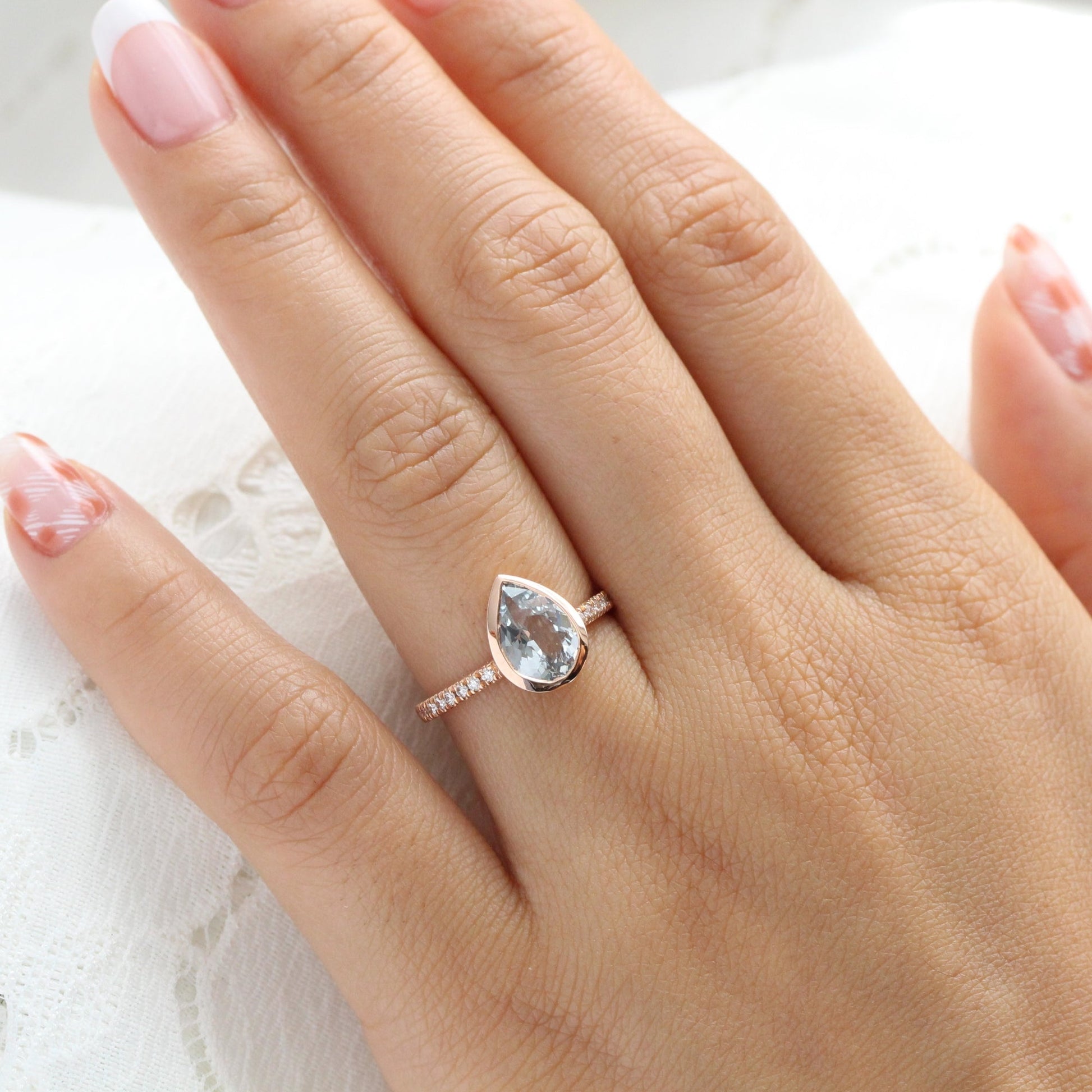 2.26 Ct Pastel Aqua Blue Sapphire Ring in 14k Rose Gold Bezel Pave Diamond, Size 6.25