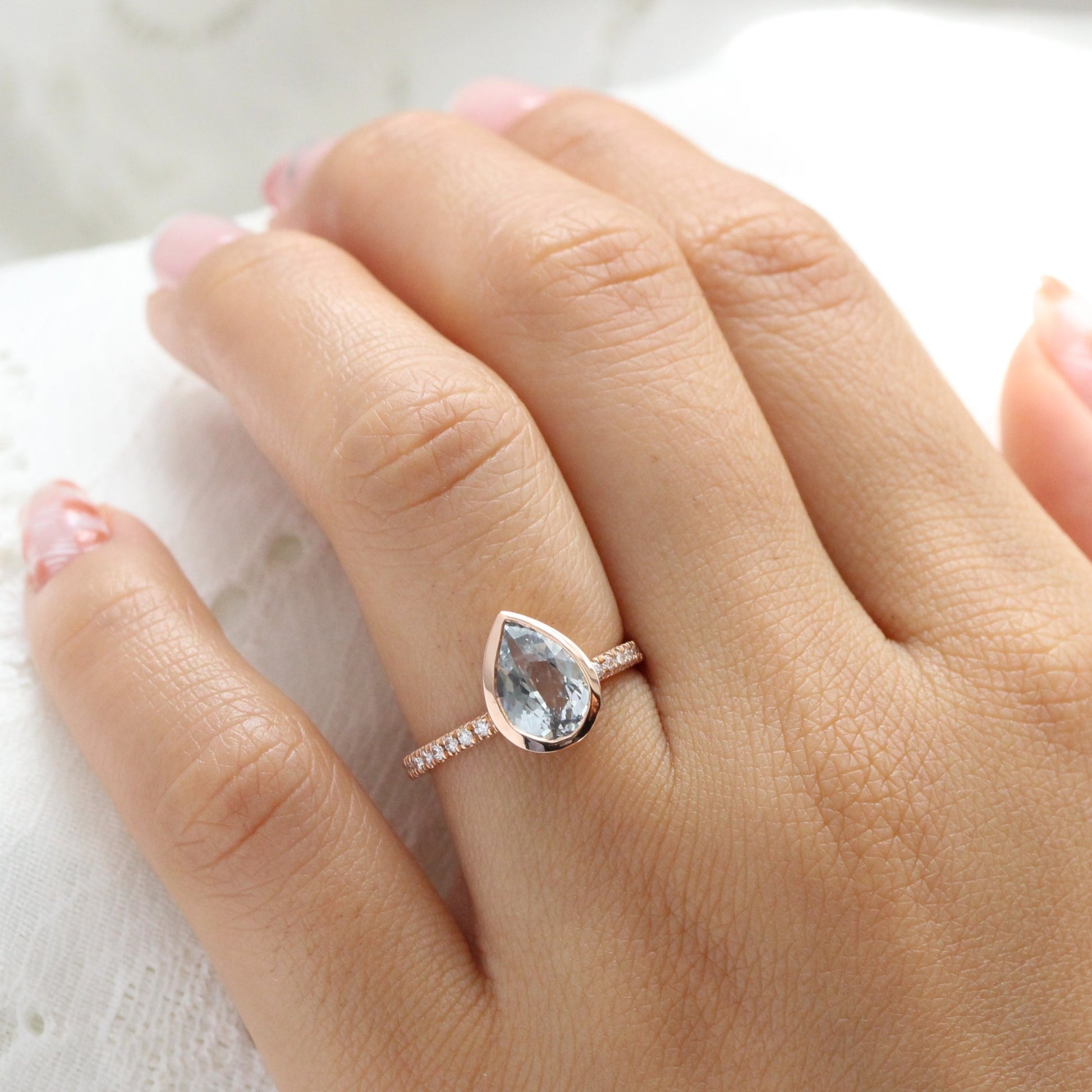 2.26 Ct Pastel Aqua Blue Sapphire Ring in 14k Rose Gold Bezel Pave Diamond, Size 6.25