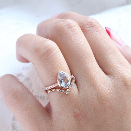 2.26 Ct Pastel Aqua Blue Sapphire Ring in 14k Rose Gold Bezel Pave Diamond, Size 6.25