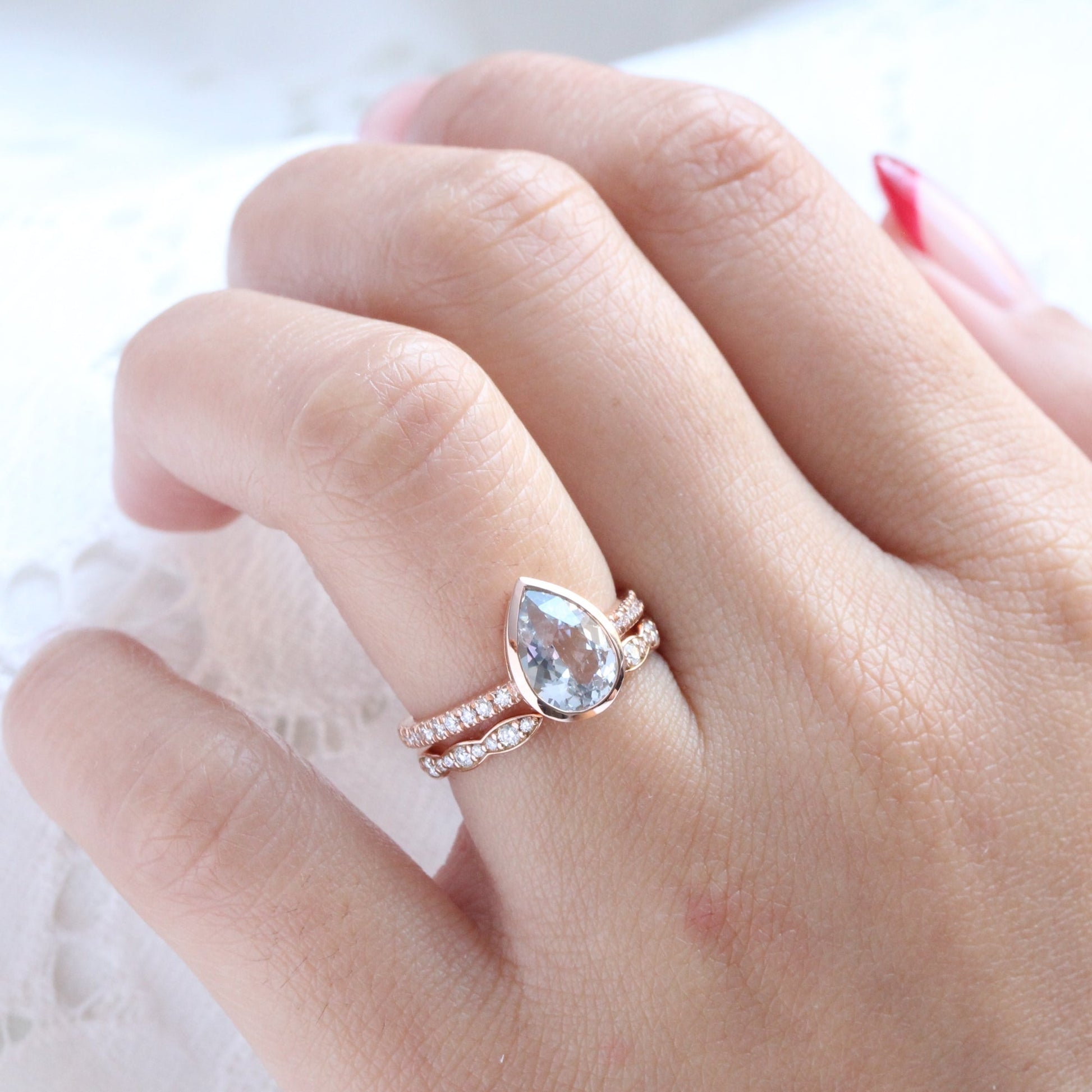 2.26 Ct Pastel Aqua Blue Sapphire Ring in 14k Rose Gold Bezel Pave Diamond, Size 6.25