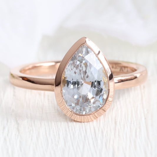 2.90 Ct. Pastel Aqua Blue Sapphire Ring in 14k Rose Gold Pear Bezel Ring, Size 6.25