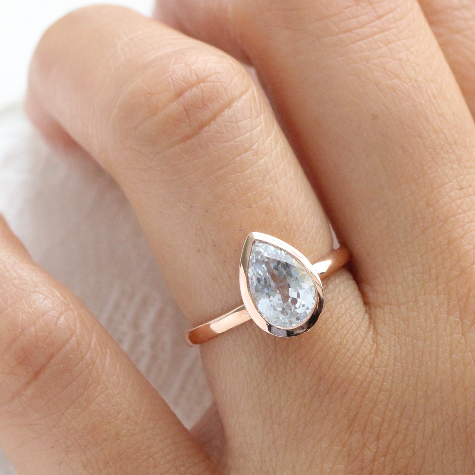 2.90 Ct. Pastel Aqua Blue Sapphire Ring in 14k Rose Gold Pear Bezel Ring, Size 6.25
