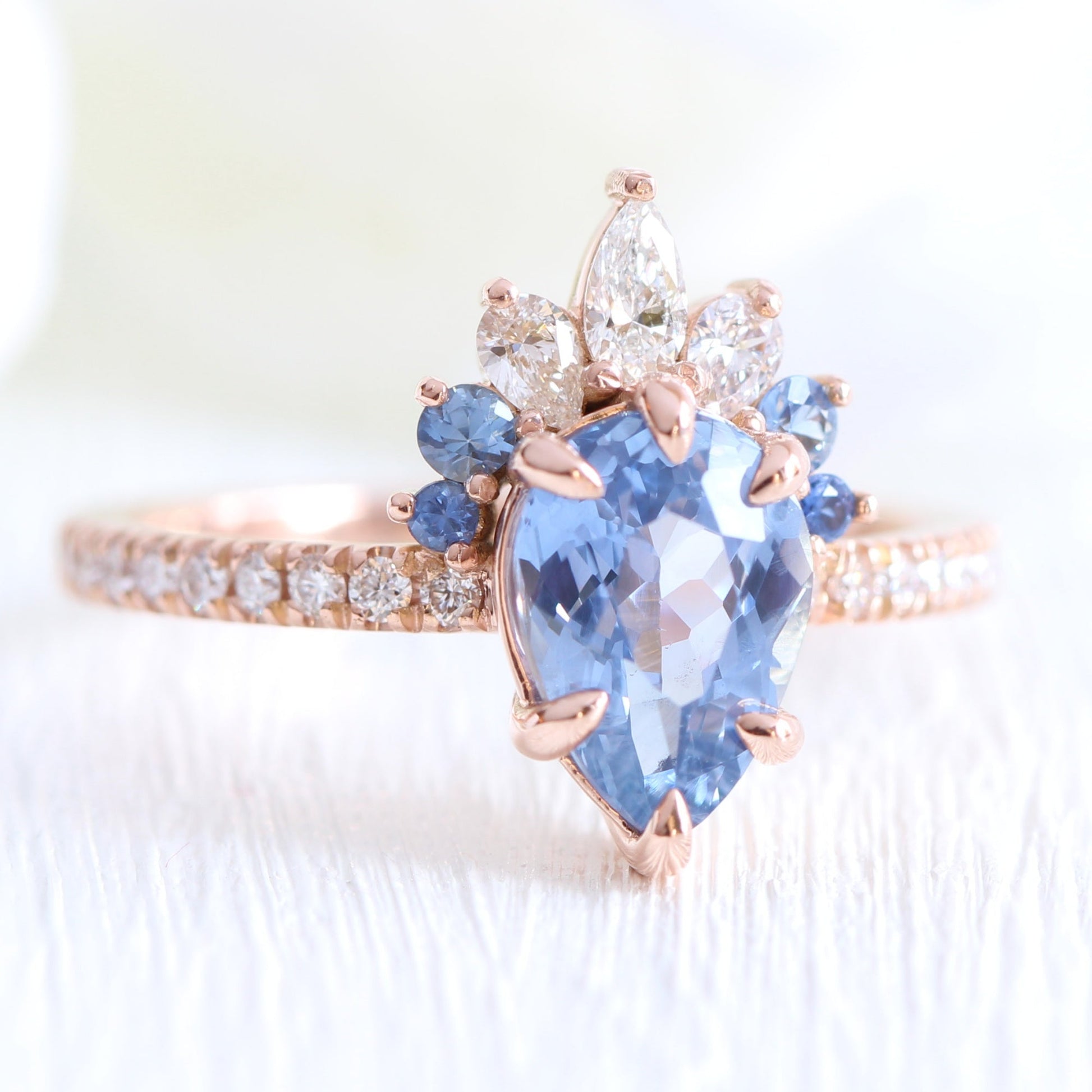 2.30 Ct Pear Aqua Blue Sapphire Ring in 14k Rose Gold Peacock Ring, Size 6.25