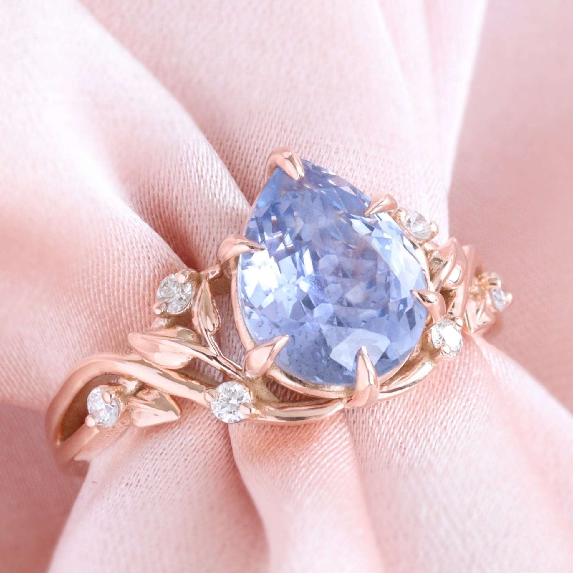3.05 Ct Pear Iilac Blue Sapphire Ring in 14k Rose Gold Floral Leaf Diamond Size 6.75
