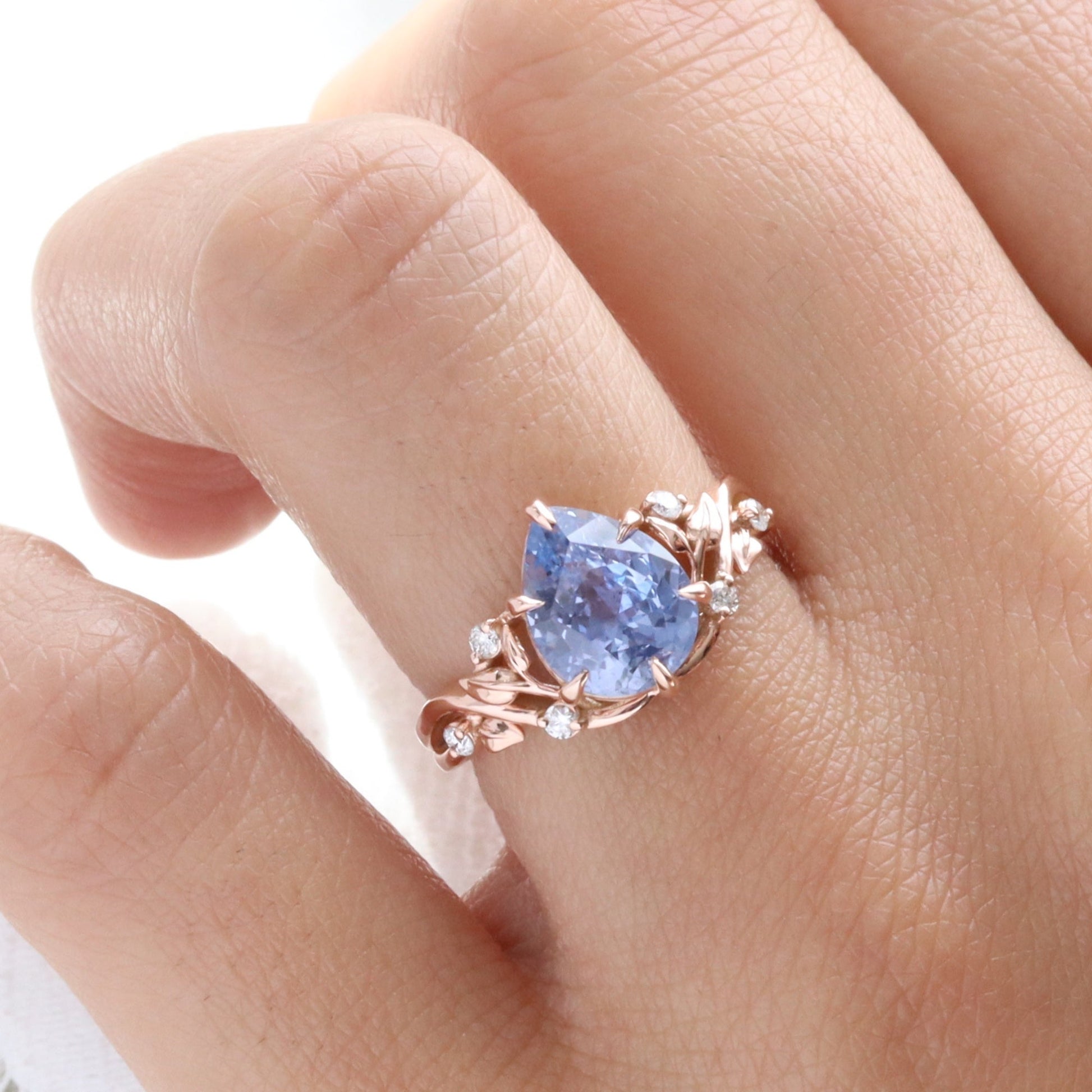 3.05 Ct Pear Iilac Blue Sapphire Ring in 14k Rose Gold Floral Leaf Diamond Size 6.75