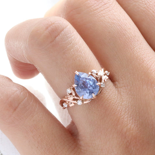 3.05 Ct Pear Iilac Blue Sapphire Ring in 14k Rose Gold Floral Leaf Diamond Size 6.75