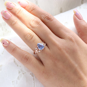 3.05 Ct Pear Iilac Blue Sapphire Ring in 14k Rose Gold Floral Leaf Diamond Size 6.75