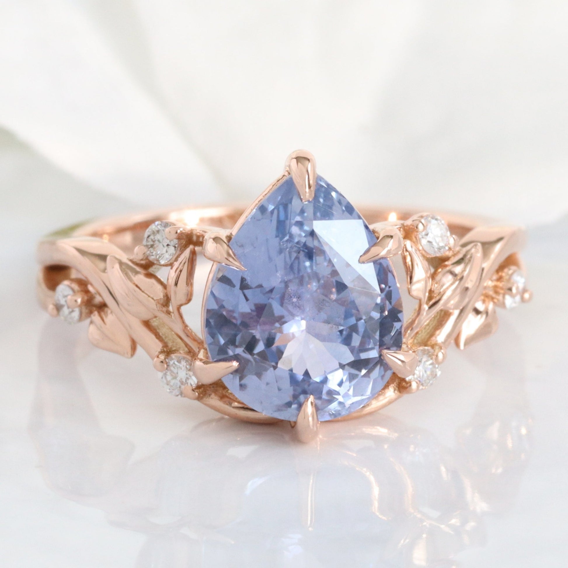 3.05 Ct Pear Iilac Blue Sapphire Ring in 14k Rose Gold Floral Leaf Diamond Size 6.75