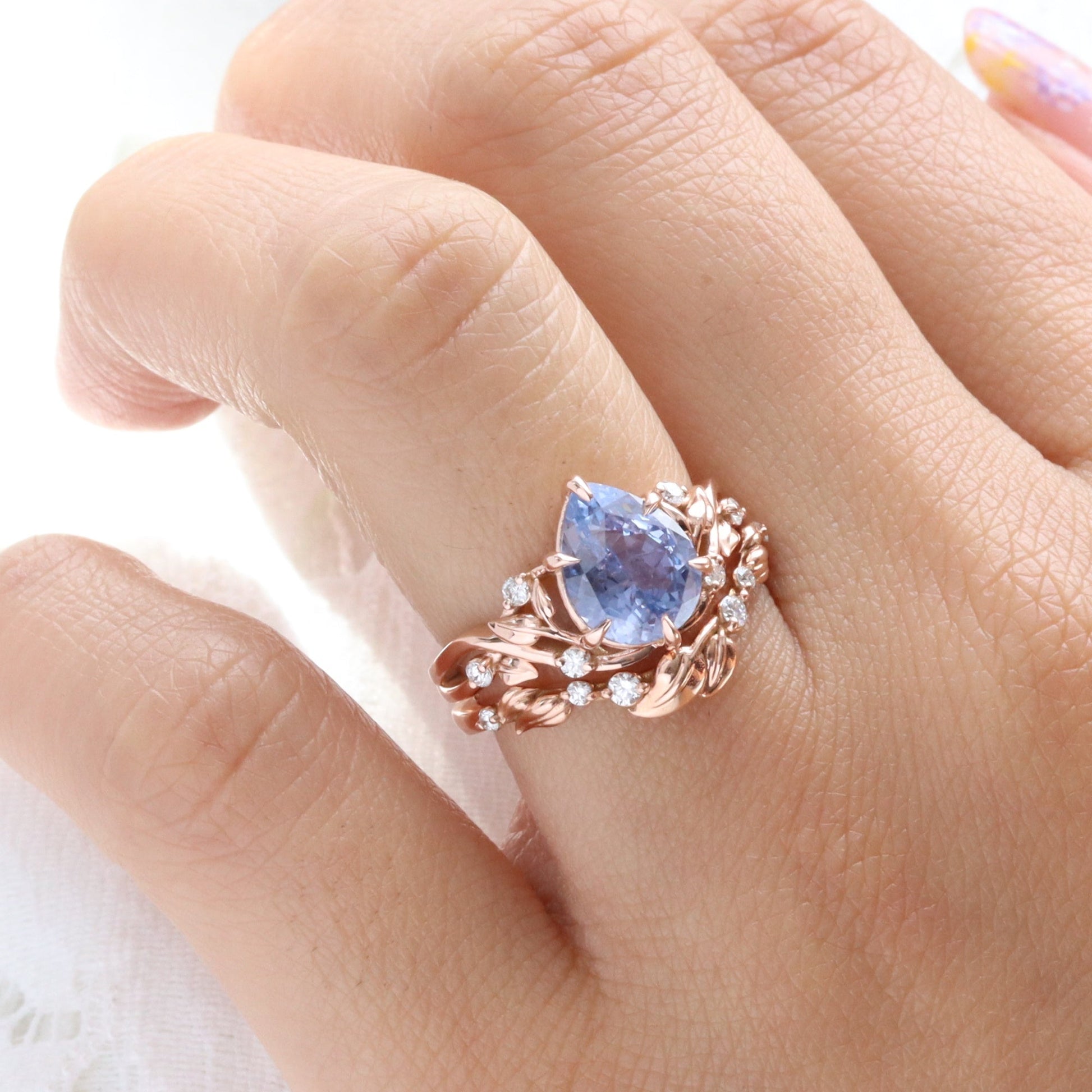 3.05 Ct Pear Iilac Blue Sapphire Ring in 14k Rose Gold Floral Leaf Diamond Size 6.75