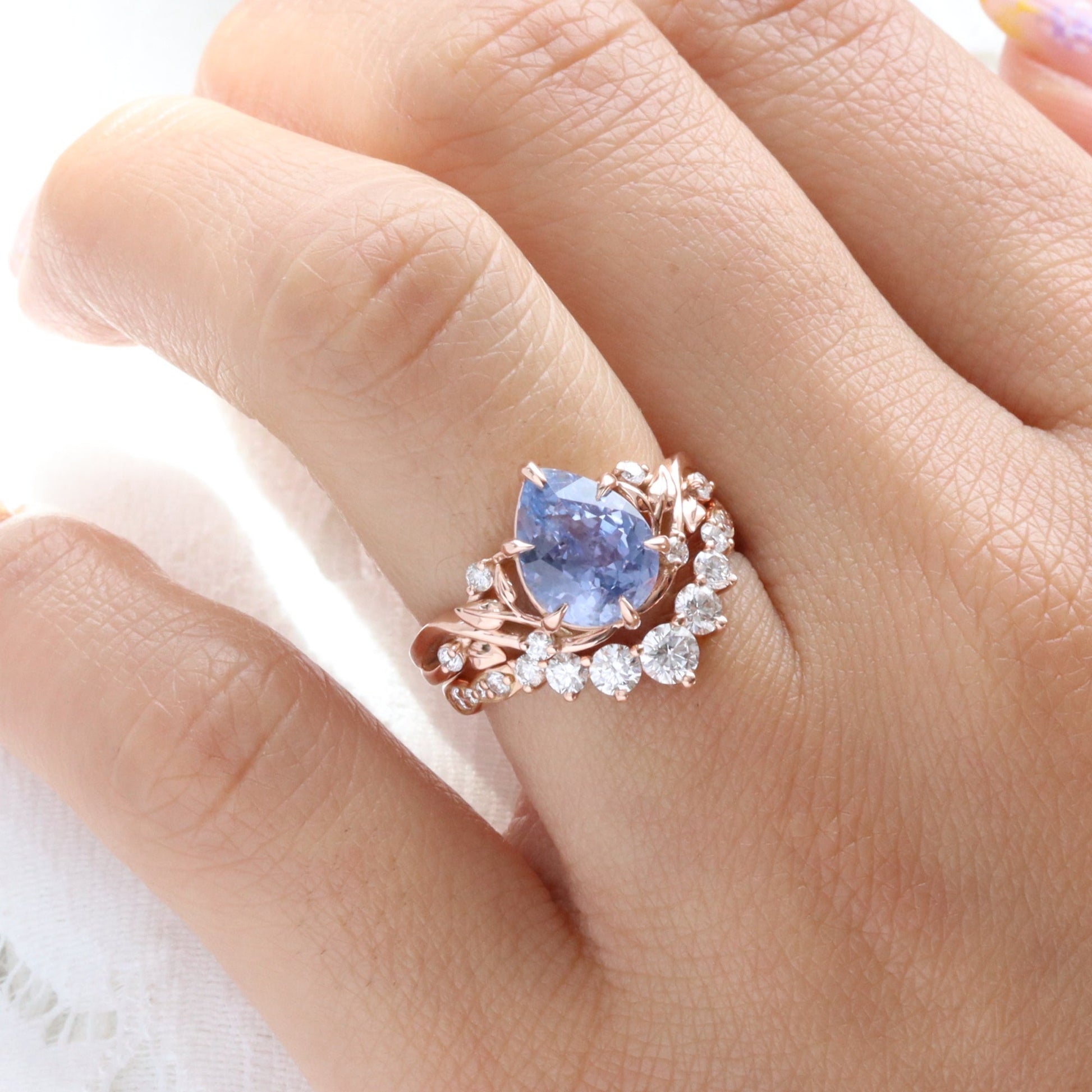 3.05 Ct Pear Iilac Blue Sapphire Ring in 14k Rose Gold Floral Leaf Diamond Size 6.75