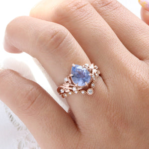 3.05 Ct Pear Iilac Blue Sapphire Ring in 14k Rose Gold Floral Leaf Diamond Size 6.75