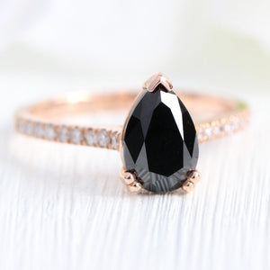 Grace Solitaire Black Diamond Ring Set w/ Pear Diamond and 4 Prong Wedding Band