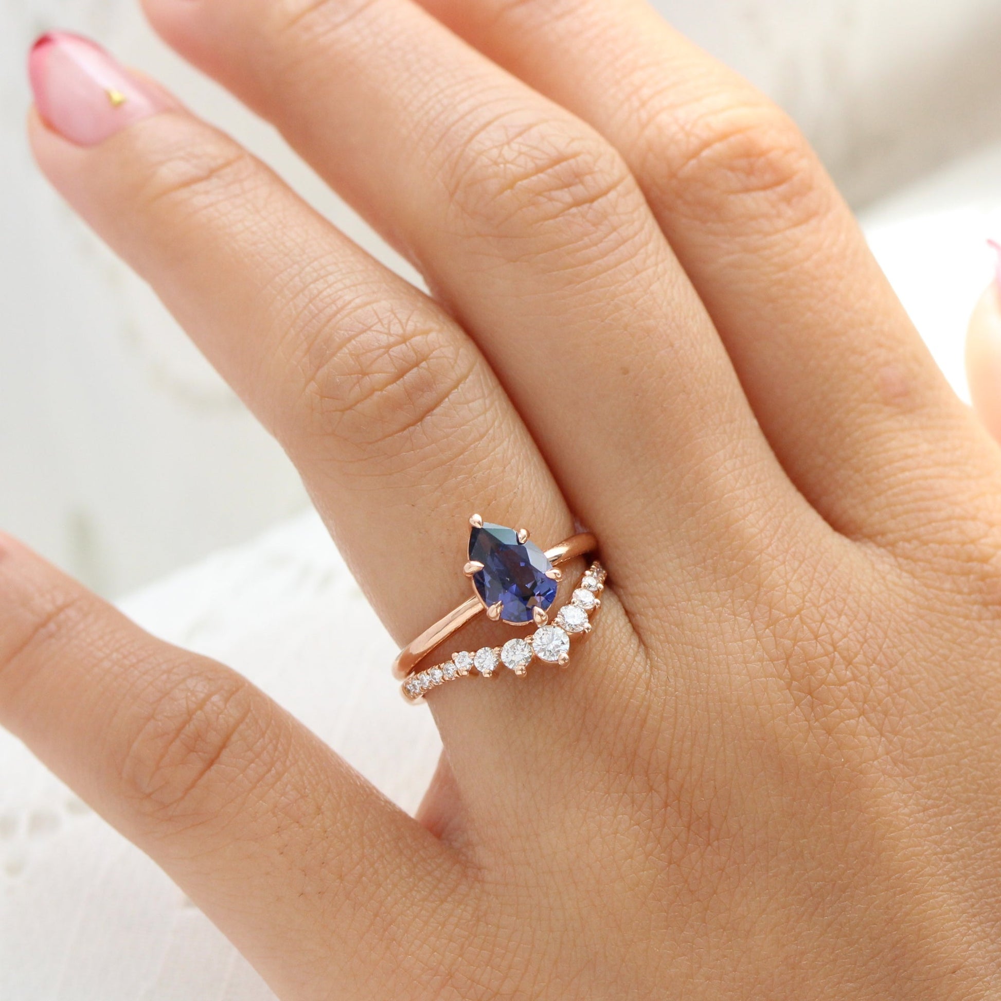 1.68 Ct Purplish Blue Sapphire Ring in 14k Rose Gold Pear Solitaire Ring, Size 6