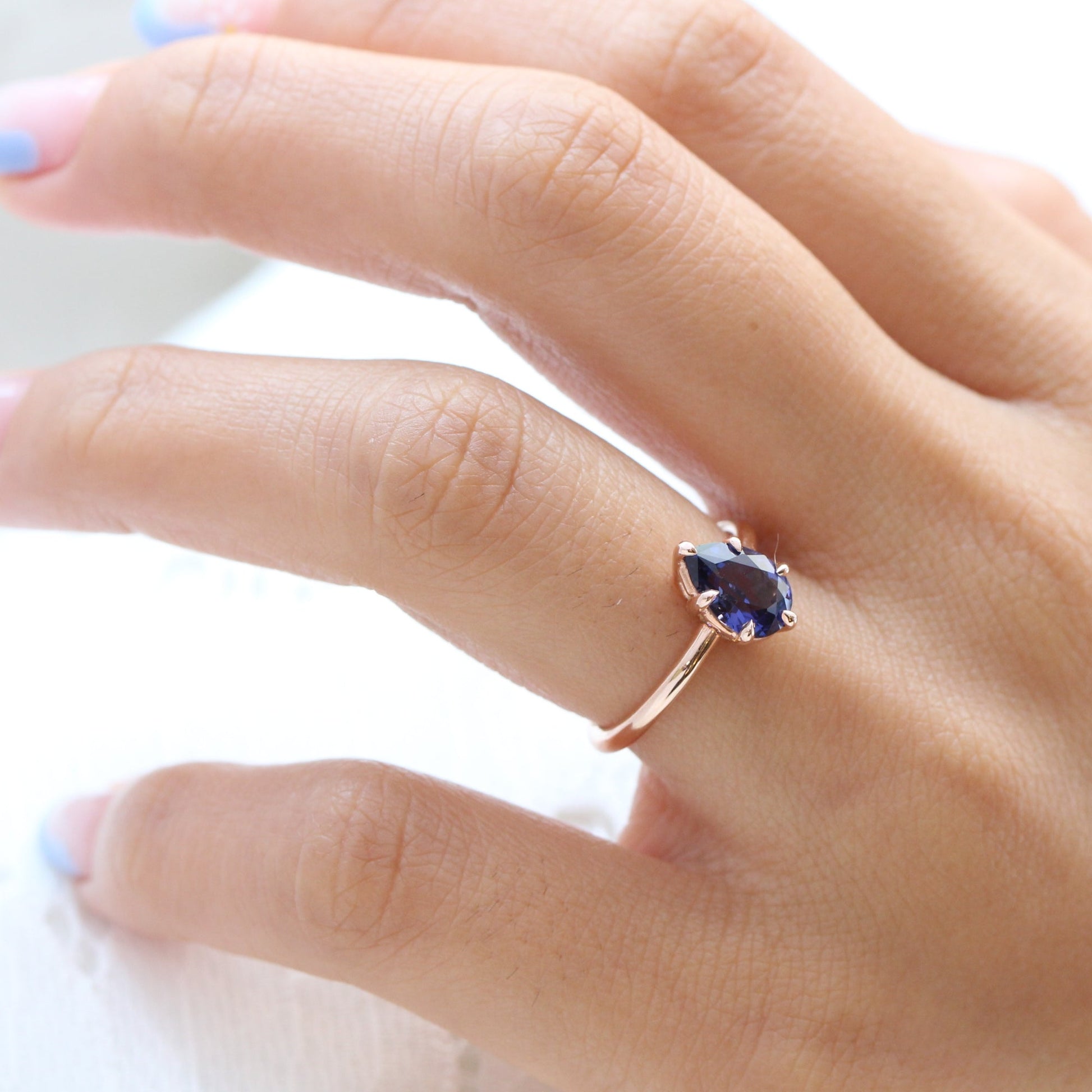 1.68 Ct Purplish Blue Sapphire Ring in 14k Rose Gold Pear Solitaire Ring, Size 6