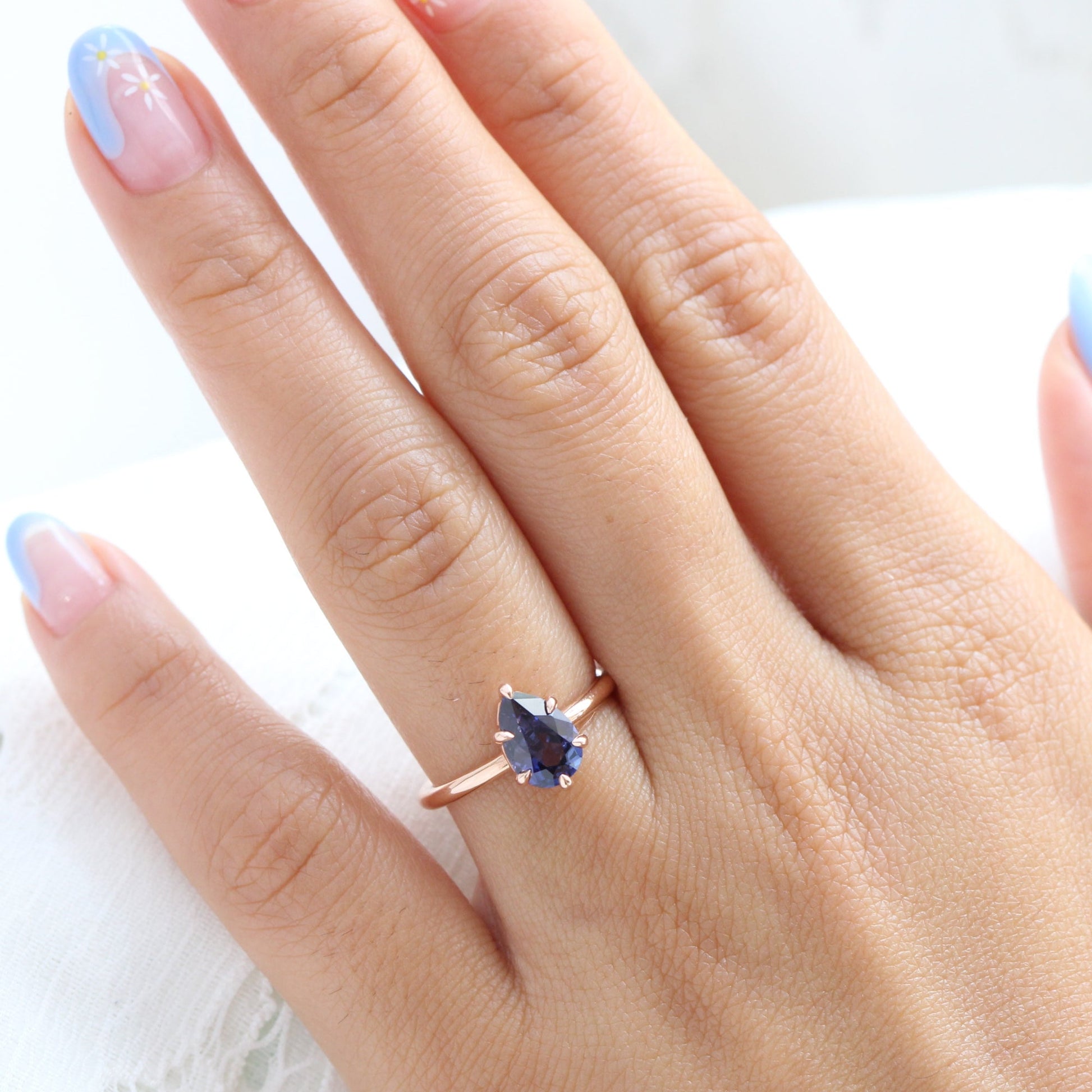 1.68 Ct Purplish Blue Sapphire Ring in 14k Rose Gold Pear Solitaire Ring, Size 6