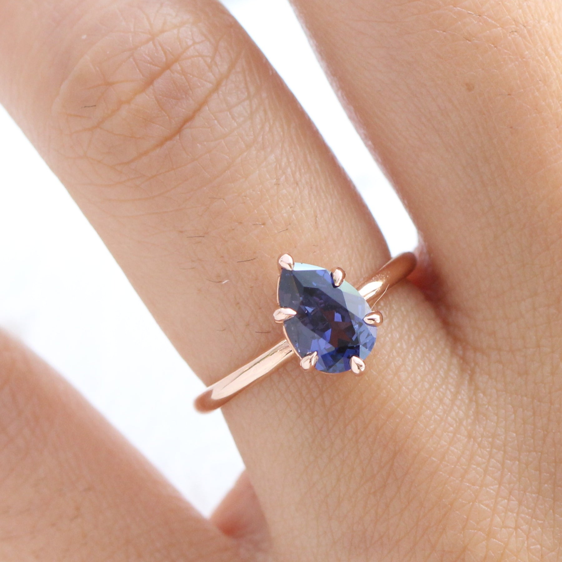 1.68 Ct Purplish Blue Sapphire Ring in 14k Rose Gold Pear Solitaire Ring, Size 6