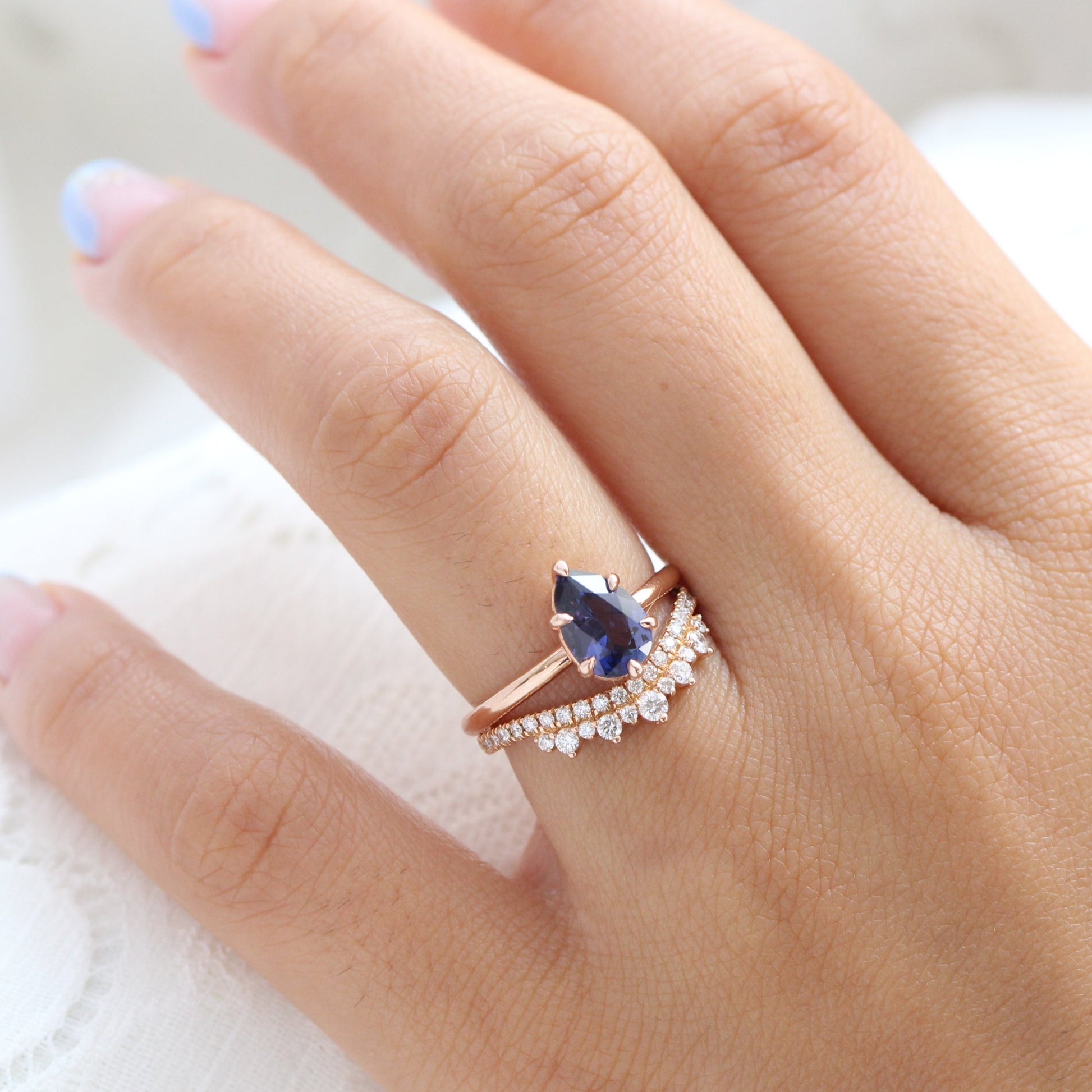 1.68 Ct Purplish Blue Sapphire Ring in 14k Rose Gold Pear Solitaire Ring, Size 6