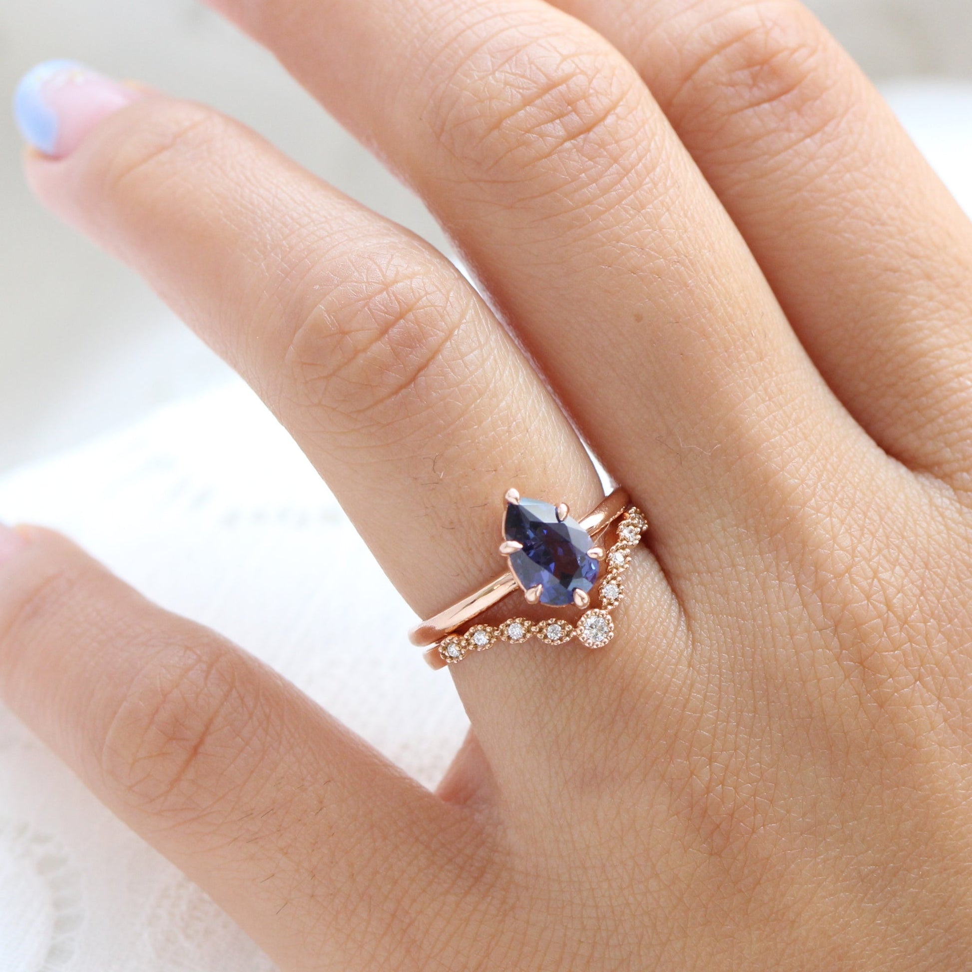 1.68 Ct Purplish Blue Sapphire Ring in 14k Rose Gold Pear Solitaire Ring, Size 6