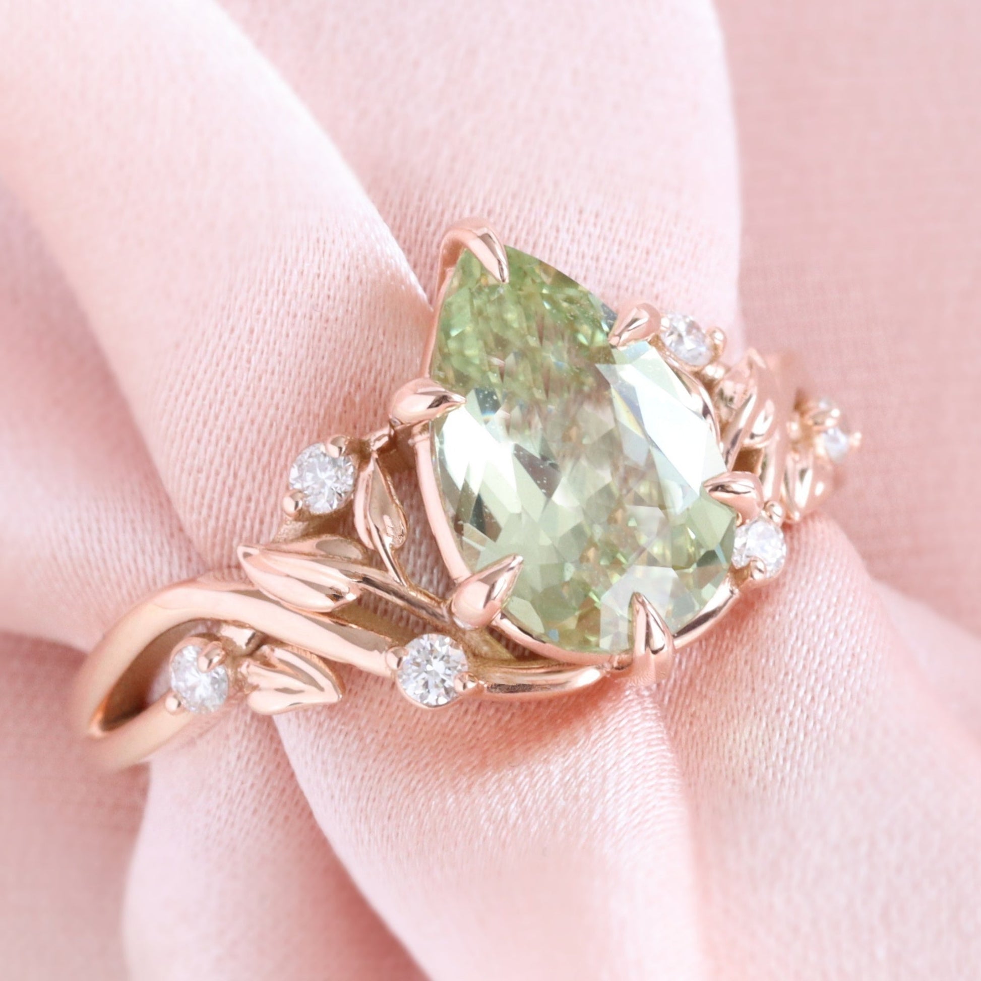 2.42 Ct Pear Sea Green Sapphire Ring in 14k Rose Gold Floral Leaf Diamond Size 6.75