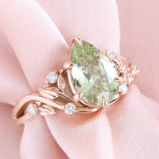 2.42 Ct Pear Sea Green Sapphire Ring in 14k Rose Gold Floral Leaf Diamond Size 6.75