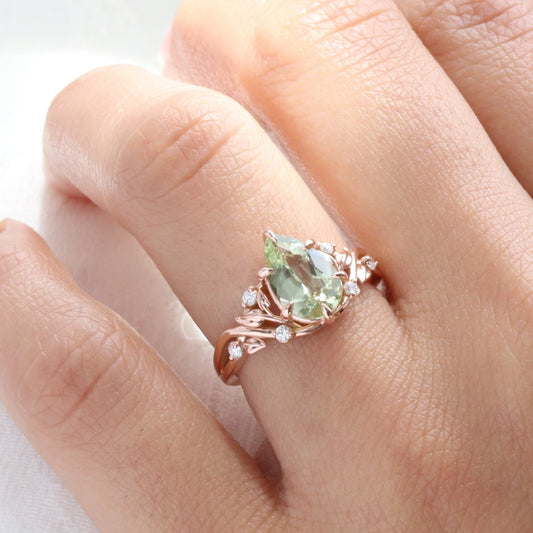2.42 Ct Pear Sea Green Sapphire Ring in 14k Rose Gold Floral Leaf Diamond Size 6.75