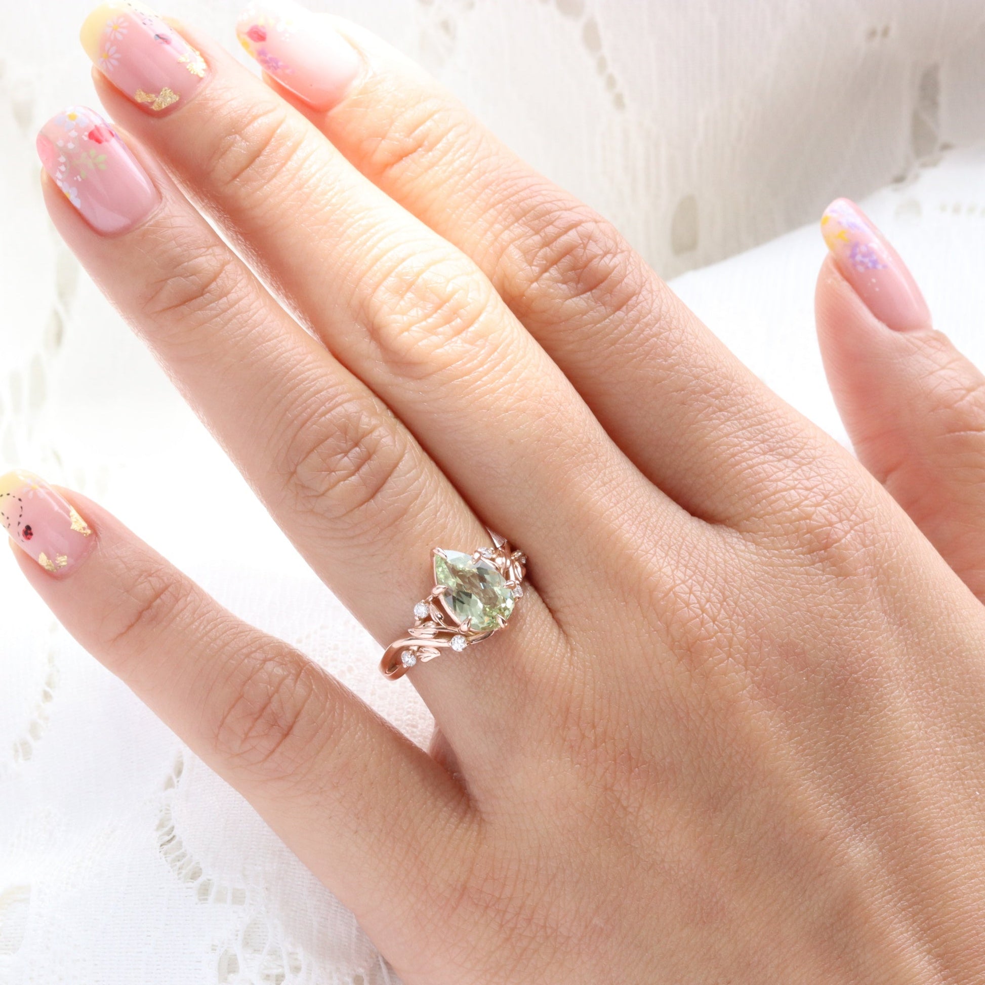 2.42 Ct Pear Sea Green Sapphire Ring in 14k Rose Gold Floral Leaf Diamond Size 6.75